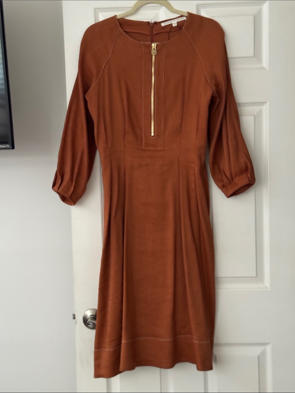 Veronica Beard Rust-Brown Long Sleeve Midi Dress with Gold Zip size6